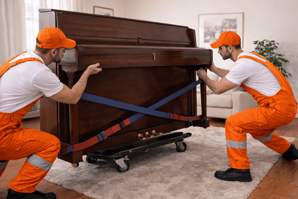 Movers lifting piano in living room