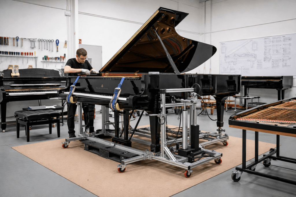 grand piano technician operating the piano