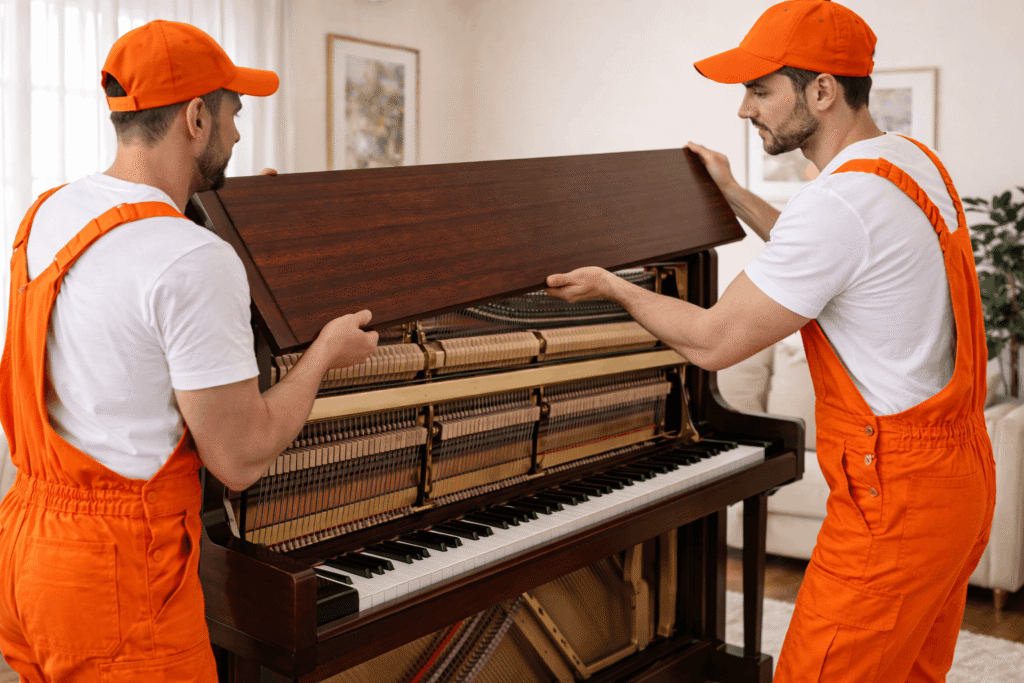 movers disassembling piano front panel