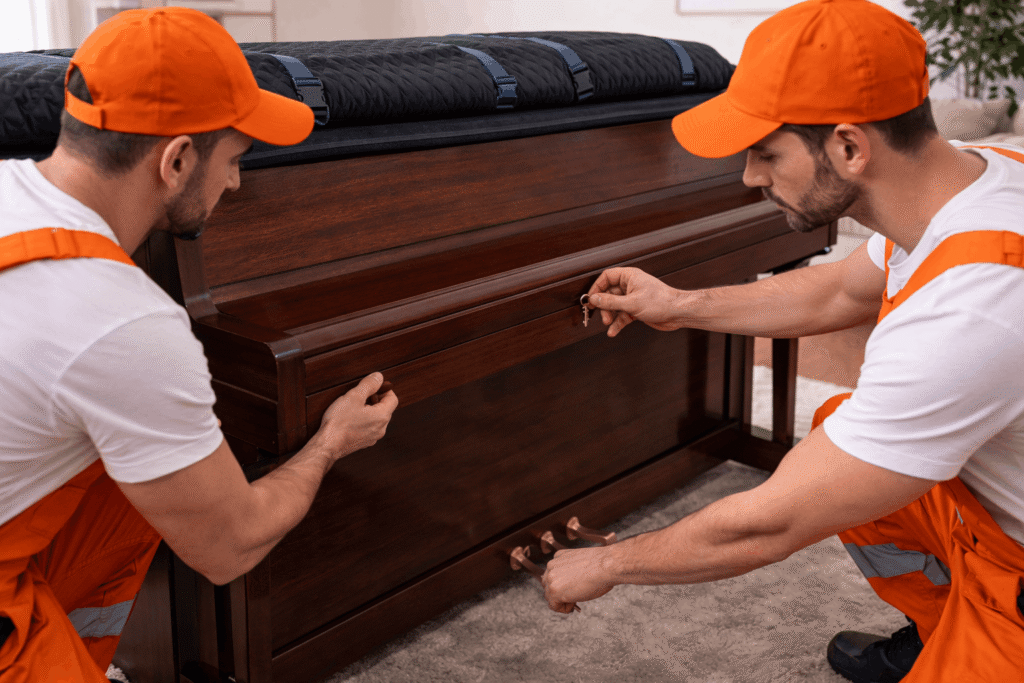 movers securing the keyboard lid on an upright piano