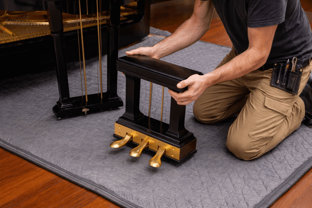piano technician removing the lyre of a grand piano