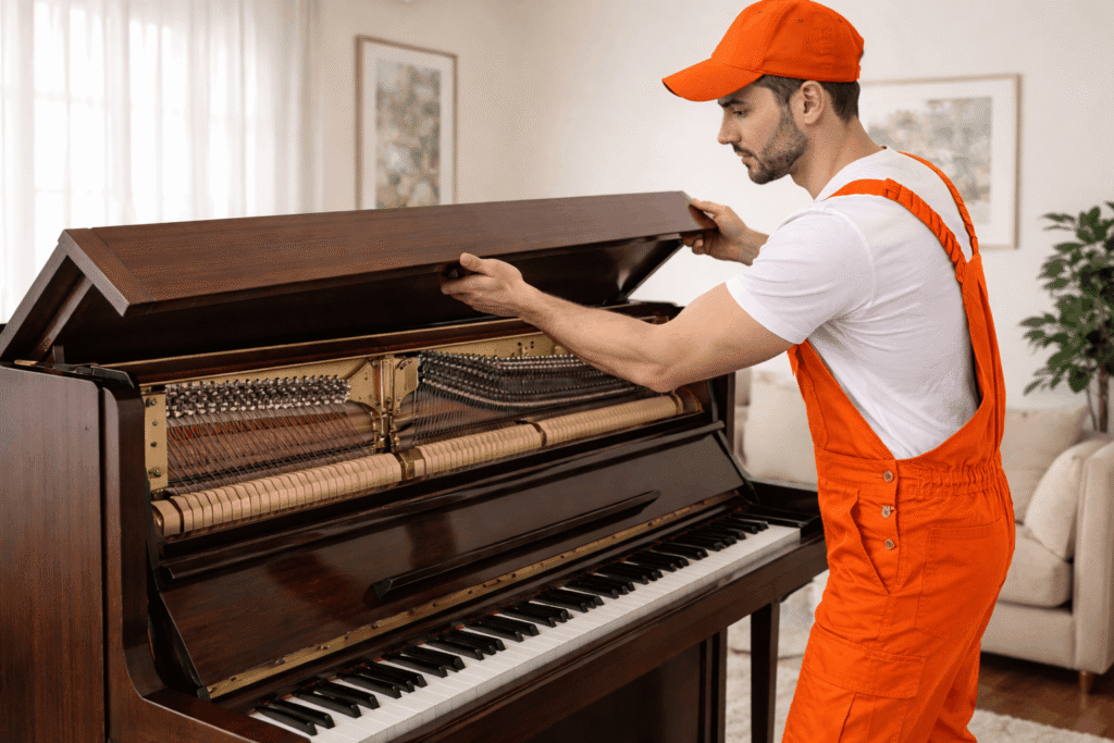 removal staff removing upright piano top lid